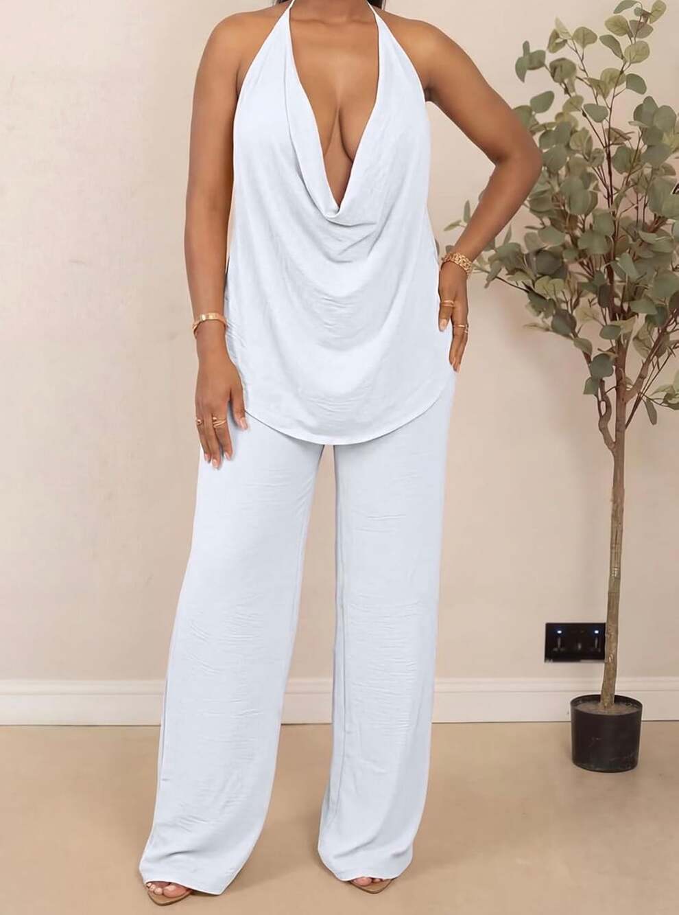 Amazon Two Piece Halter Cowl Neck Top & Wide Leg Pants Size M White